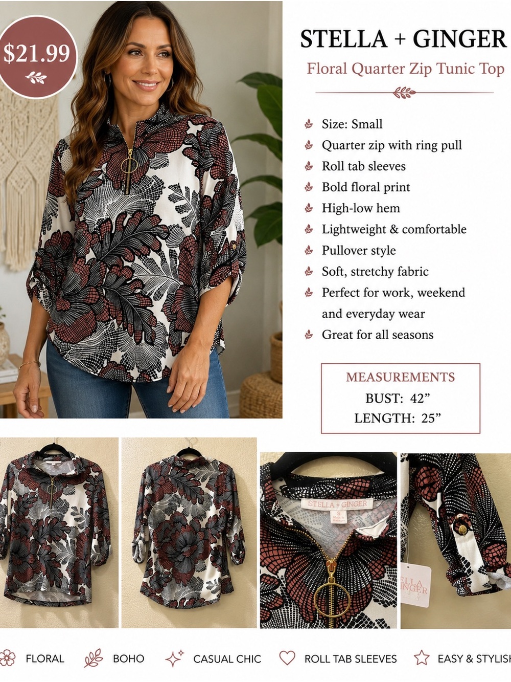 Stella + Ginger Fall Floral Quarter-Zip Tunic - Ivory, Rust, Black Small EUC